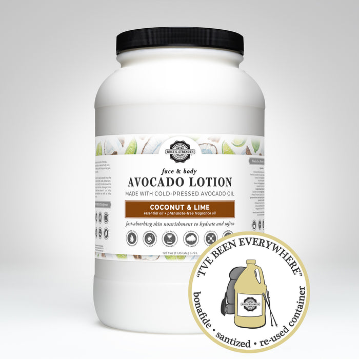 Rustic Strength, Avocado Lotion, 128oz Plastic, Coconut & Lime with image "I've been everywhere - Bonafide, Sanitized, Re-used Container"