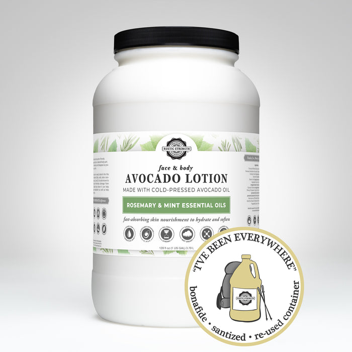 Rustic Strength, Avocado Lotion, 128oz Plastic, Rosemary & Mint with image "I've been everywhere - Bonafide, Sanitized, Re-used Container"