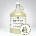 Rustic Strength, Body Wash, 128oz glass, Rosemary & Mint with image "I've been everywhere - Bonafide, Sanitized, Re-used Container"