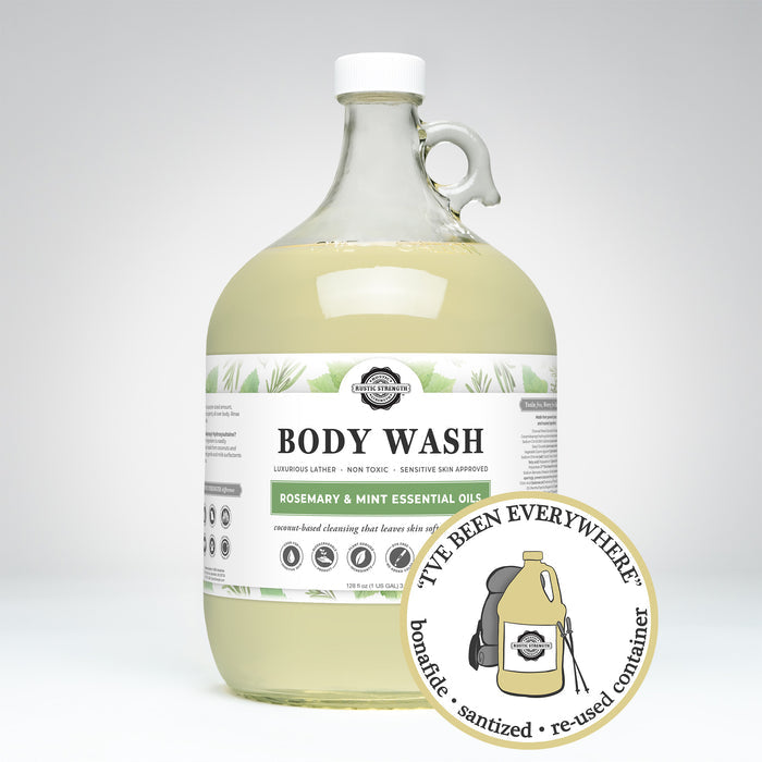 Rustic Strength, Body Wash, 128oz glass, Rosemary & Mint with image "I've been everywhere - Bonafide, Sanitized, Re-used Container"