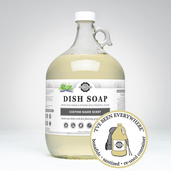 Rustic Strength, Dish Soap, 128oz Glass, Custom Made Scent - Aromatherapy with image "I've been everywhere - Bonafide, Sanitized, Re-used Container"