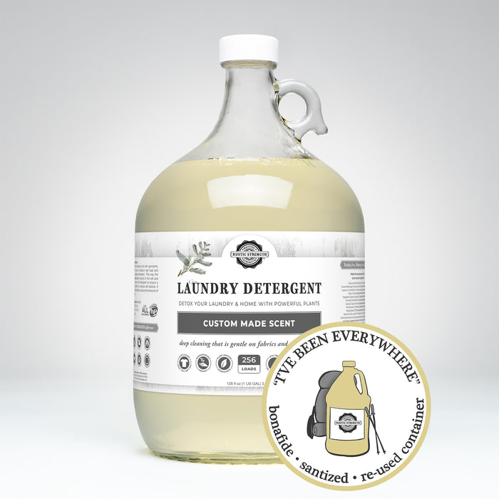 Rustic Strength, Laundry Detergent, 128oz Glass, Custom Made Scent - Cypress with image "I've been everywhere - Bonafide, Sanitized, Re-used Container"