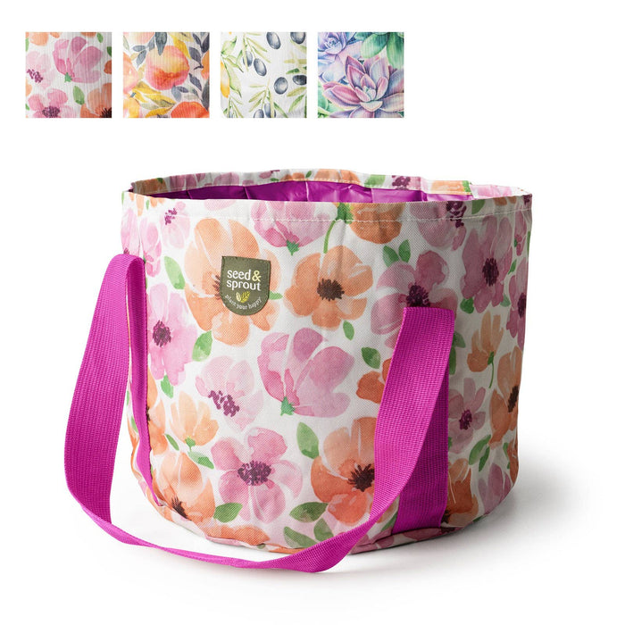 A foldable canvas gardening bucket with a floral pattern and pink handles, displayed alongside close-up views of the bucket's floral design.
