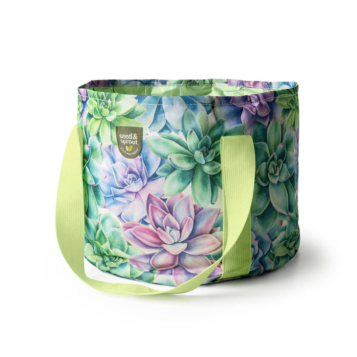 A foldable canvas gardening bucket with a floral pattern and pink handles, displayed alongside close-up views of the bucket's floral design.