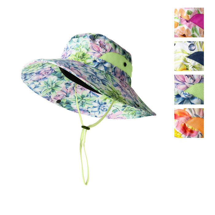 A garden hat with a multicolored floral pattern, displayed from different angles to showcase the adjustable chin strap and side snaps.