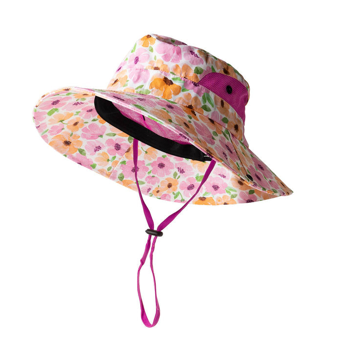 A garden hat with a multicolored floral pattern, displayed from different angles to showcase the adjustable chin strap and side snaps.