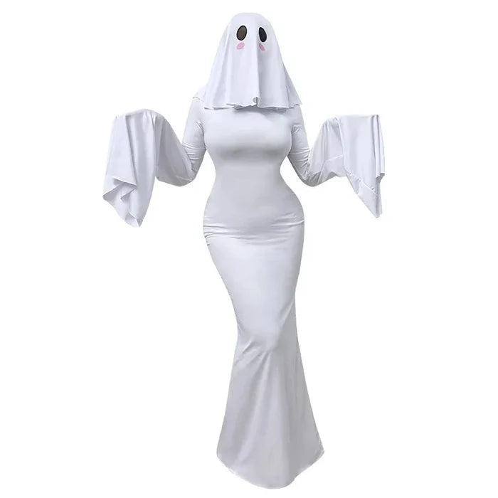 White ghost-themed costume with a hood and bat-wing sleeves on a white background