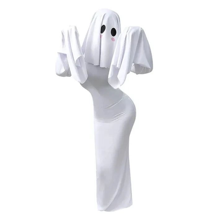 White ghost costume with black eyes and a red nose on a white background