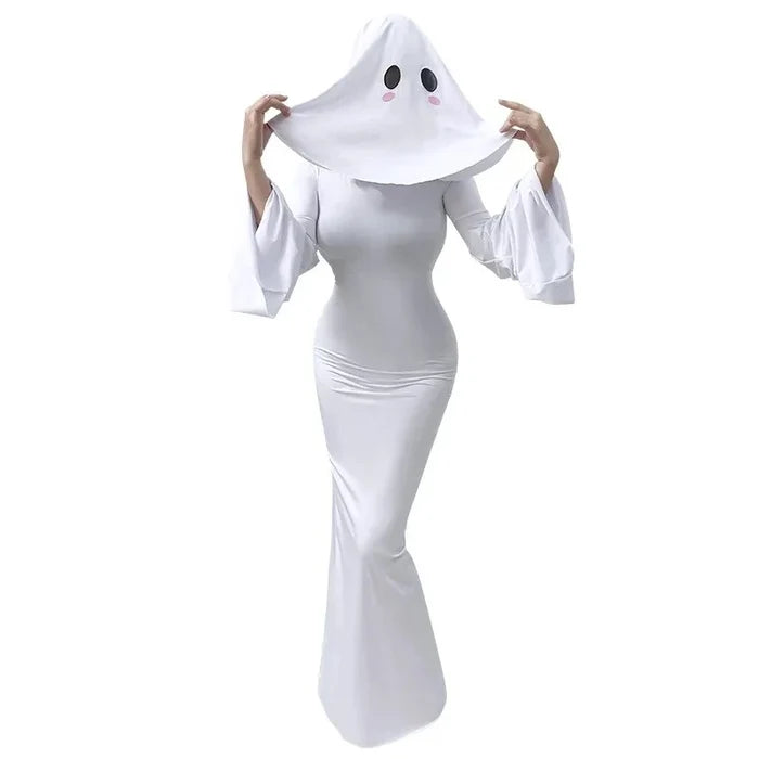 White ghost costume with a long dress and hood on a white background