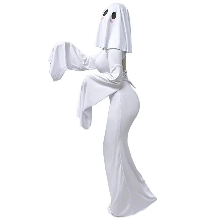 White ghost costume with black eyes on a white background