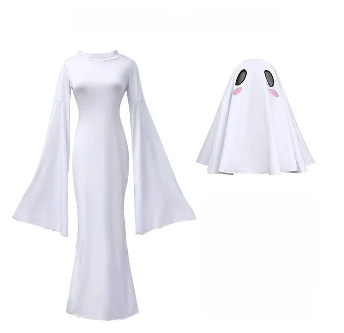 White dress with bell sleeves and a ghost costume on a white background