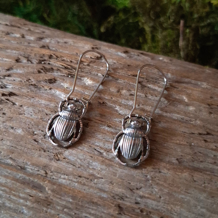 Silver Beetle Dangle Earrings