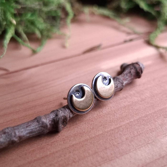 Silver & Brass Crescent Moon Earrings