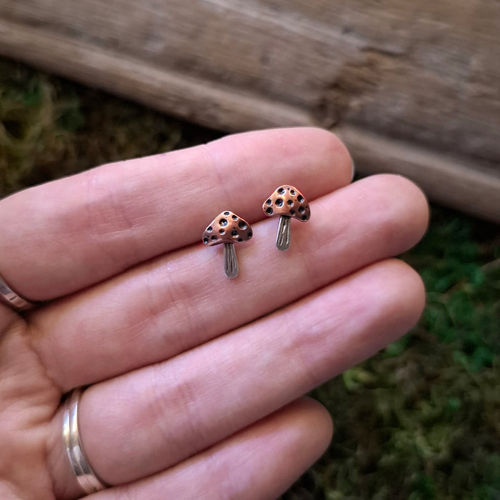 Silver & Copper Mushroom Stud Earrings