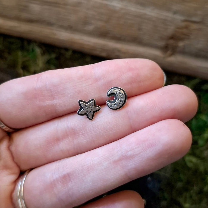 Silver Moon & Star Stud Earrings
