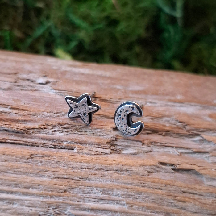 Silver Moon & Star Stud Earrings
