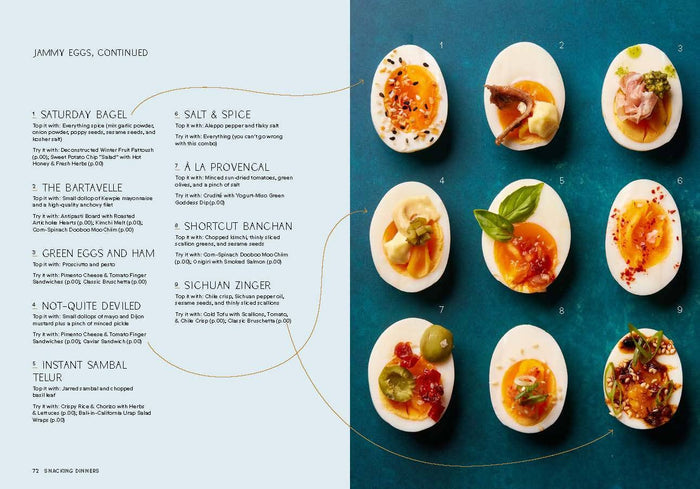Menu with deviled eggs on a blue background