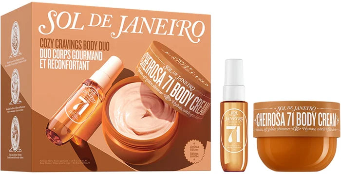 Sol de Janeiro Cozy Cravings Body Duo featuring Cheirosa 71 cream and perfume mist in a gift set with bath and body products.