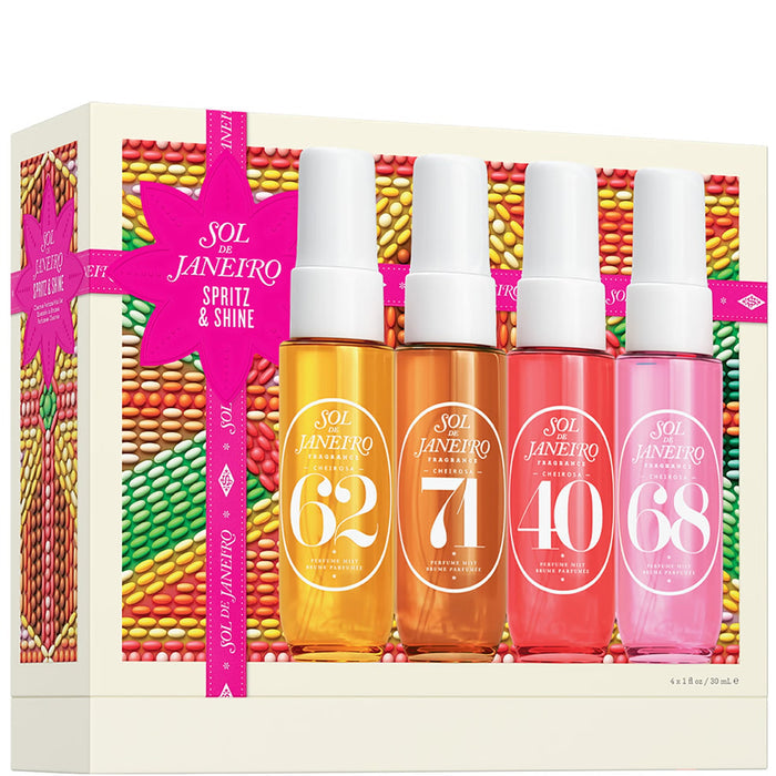 Sol de Janeiro Spritz & Shine gift set with perfume and cologne bottles, featuring vibrant packaging and stylish design.