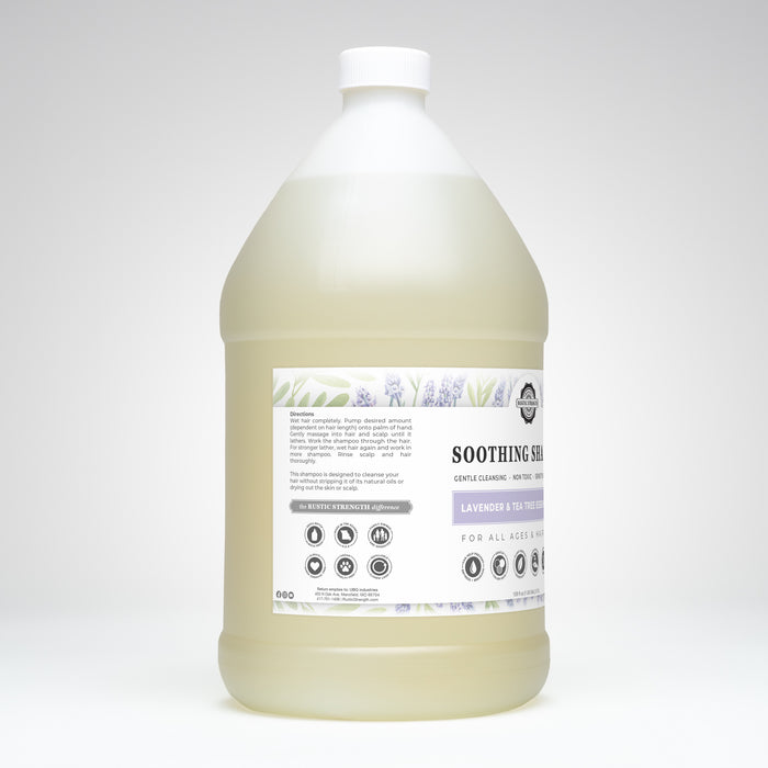 Rustic Strength, Soothing Shampoo, 128oz Plastic, Lavender & Tea Tree, Sideview Left
