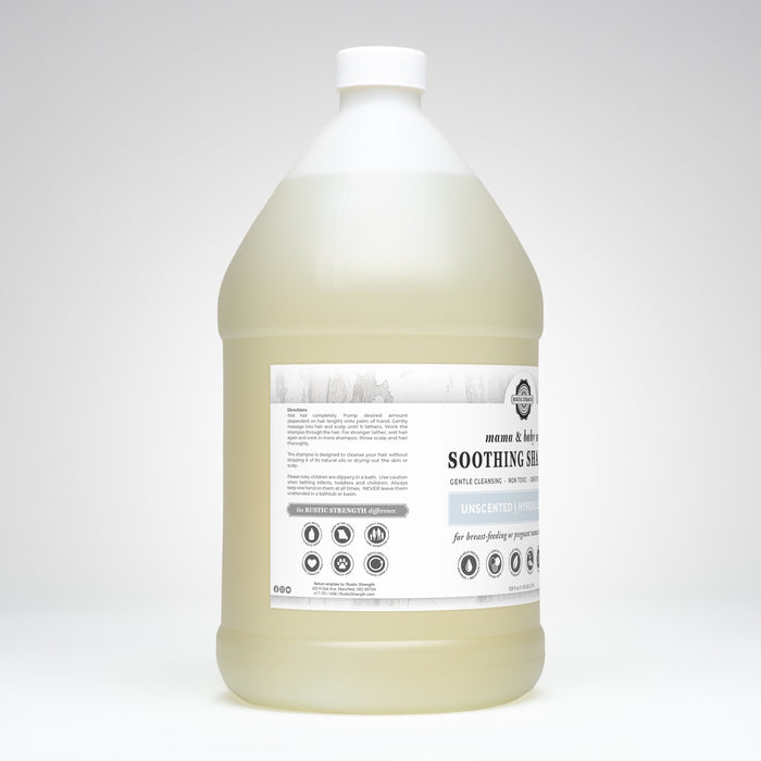Rustic Strength, Soothing Shampoo, 128oz Plastic, Mama + Baby Safe, Side View Left