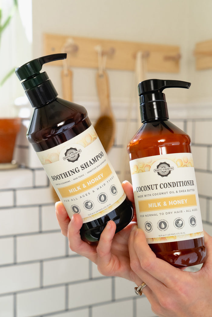 Rustic Strength, 16oz Plastic, Milk & Honey Shampoo and Coconut Conditioner