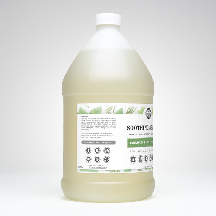 Rustic Strength, Soothing Shampoo, 128oz Plastic, Rosemary & Mint, Side View Left