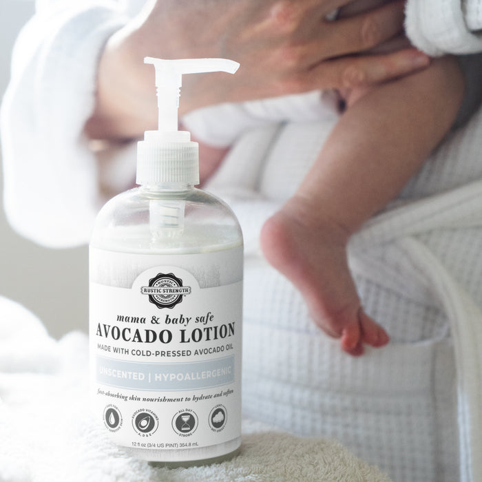 Rustic Strength, Avocado Lotion, 12oz Plastic, Avocado Lotion with baby foot in background