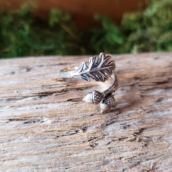 Sterling Silver Adjustable Oak & Acorn Ring