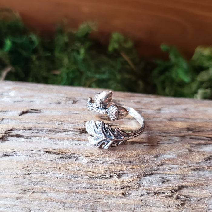 Sterling Silver Adjustable Oak & Acorn Ring