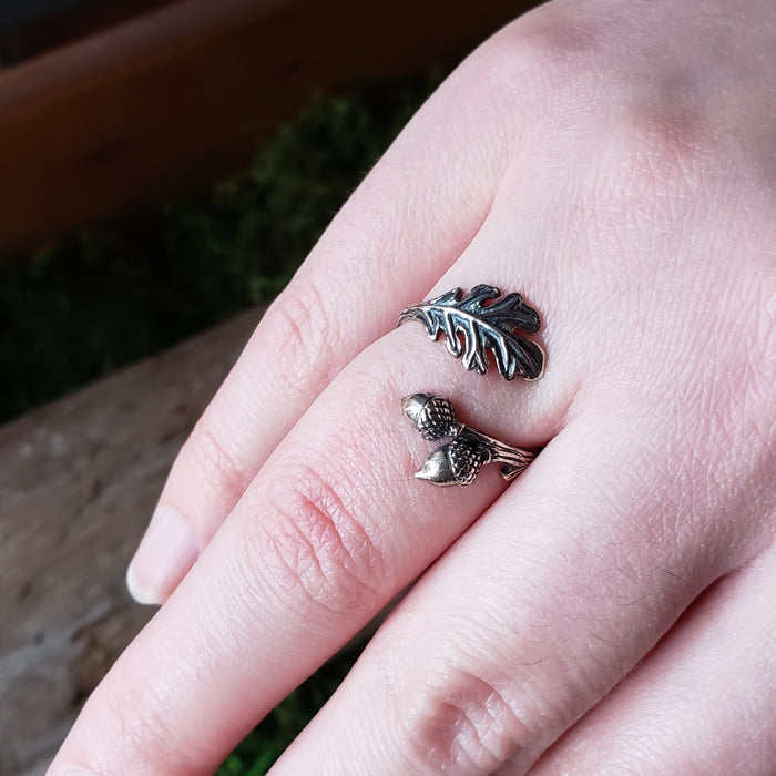 Sterling Silver Adjustable Oak & Acorn Ring