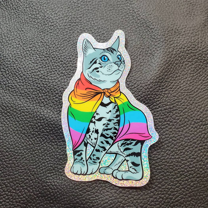 Sticker: Rainbow Pride Cat, 3.75" Holographic Sparkle Vinyl