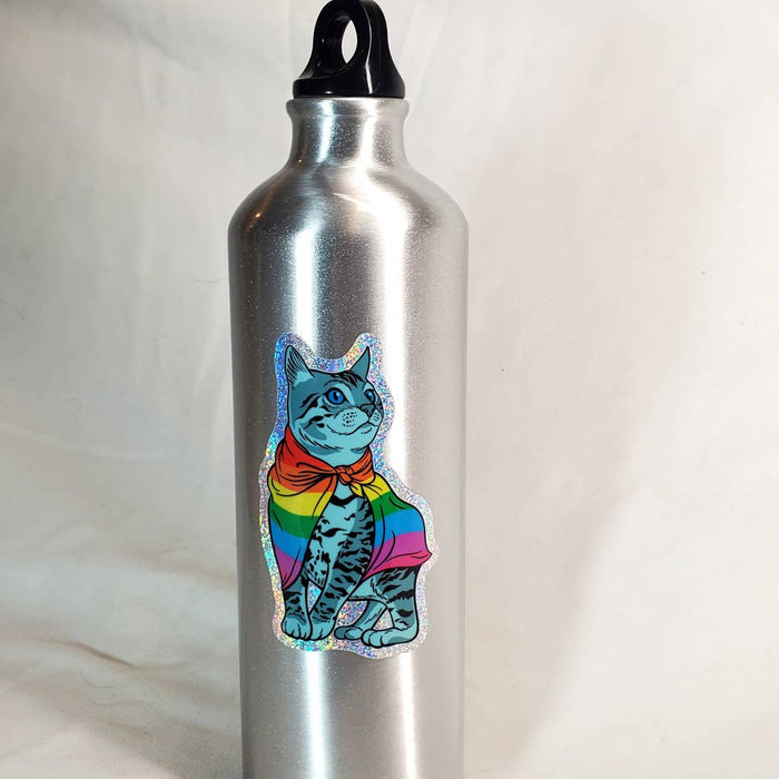 Sticker: Rainbow Pride Cat, 3.75" Holographic Sparkle Vinyl