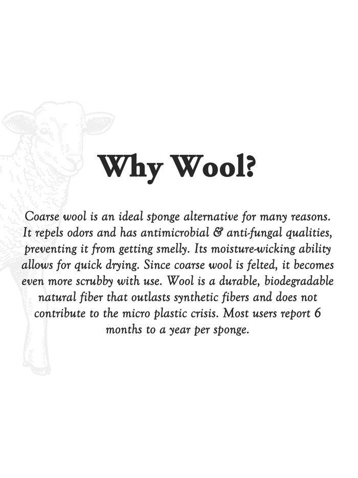 Rustic Strength, "Why Wool? Coarse wool is an ideal sponge and has antimicrobial & anti-fungal qualities, preventing it from getting smelly. Its moisture-wicking ability allows for quick drying. Since coarse wool is felted, it becomes even more scrubby with use. Wool is durable, biodegradable natural fiber that outlasts synthetic fibers and does not contribute to the micro plastic crisis. Most users report 6 months to a year per sponge."