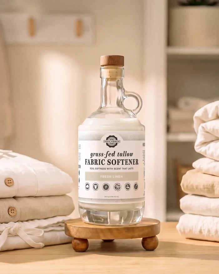 Rustic Strength - Tallow Fabric Softener | 24oz Glass | Fresh Linen displayed on a wooden stand beside folded, clean linens in a laundry room