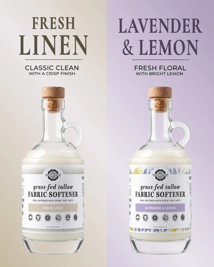 Rustic Strength - Grass-Fed Tallow Fabric Softener  | 24oz Glass. Two bottles side by side. Fresh Linen: classic clean with a crisp finish. Lavender & Lemon: fresh floral with bright lemon.