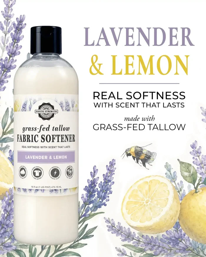 Rustic Strength - Grass-Fed Tallow Fabric Softener | 16oz Plastic | Lavender & Lemon. Real softness with scent that lasts. Made with grass-fed tallow.