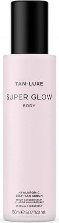 Tan-Luxe Super Glow Body Hyaluronic Self-Tan Serum in 150ml bottle, featuring a tan-tinted liquid with a pump dispenser.