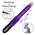 Purple thrusting vibrator with telescoping and vibrating features, remote control, suction base.