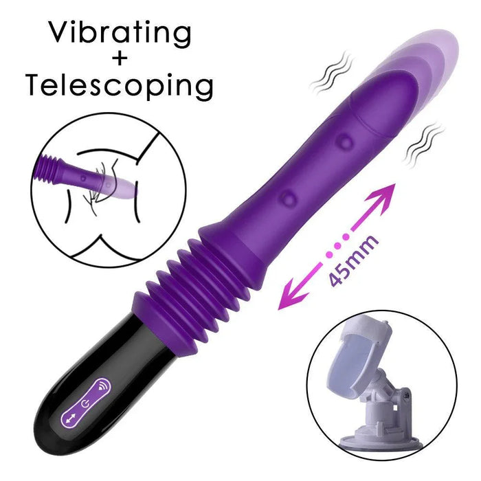 Purple thrusting vibrator with telescoping and vibrating features, remote control, suction base.