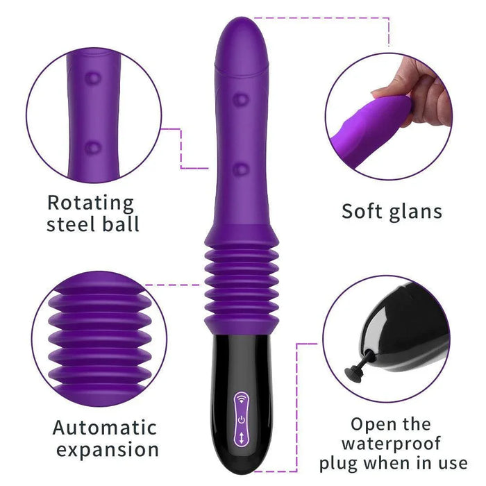 Purple thrusting vibrator with soft glans, rotating steel ball, remote control, waterproof plug