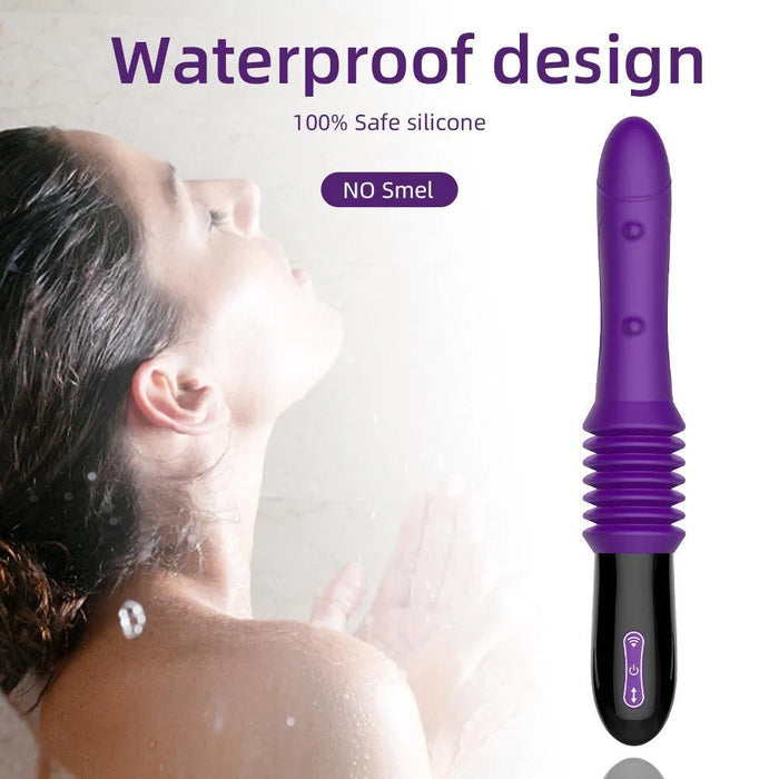 Purple waterproof silicone thrusting vibrator with remote control shown near woman in shower