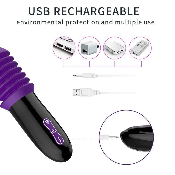 Purple and black USB rechargeable vibrating toy with remote control and charging ports shown