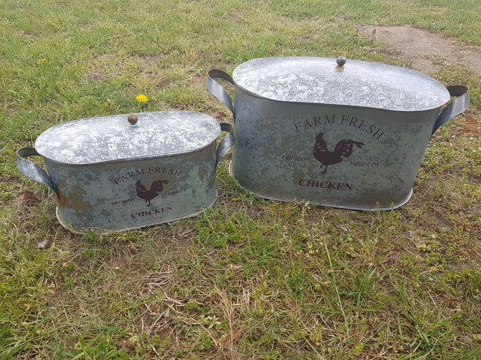 Tin - Galvanized Oval Farm Fresh Chicken Container with Lid-Jantiques LLC.