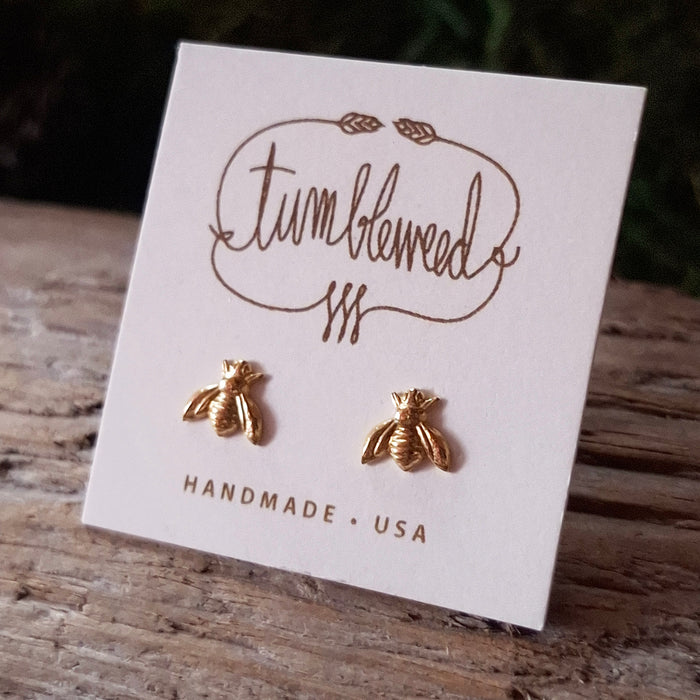 Tiny Brass Bee Stud Earrings