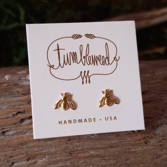 Tiny Brass Bee Stud Earrings