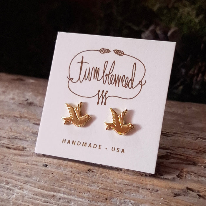 Tiny Brass Bird Stud Earrings