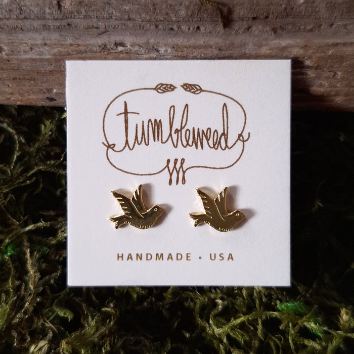 Tiny Brass Bird Stud Earrings