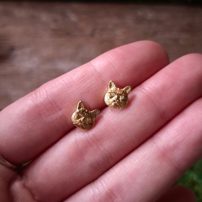 Tiny Brass Cat Stud Earrings