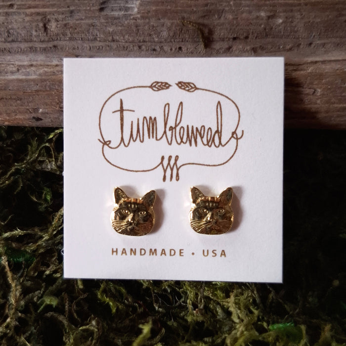 Tiny Brass Cat Stud Earrings